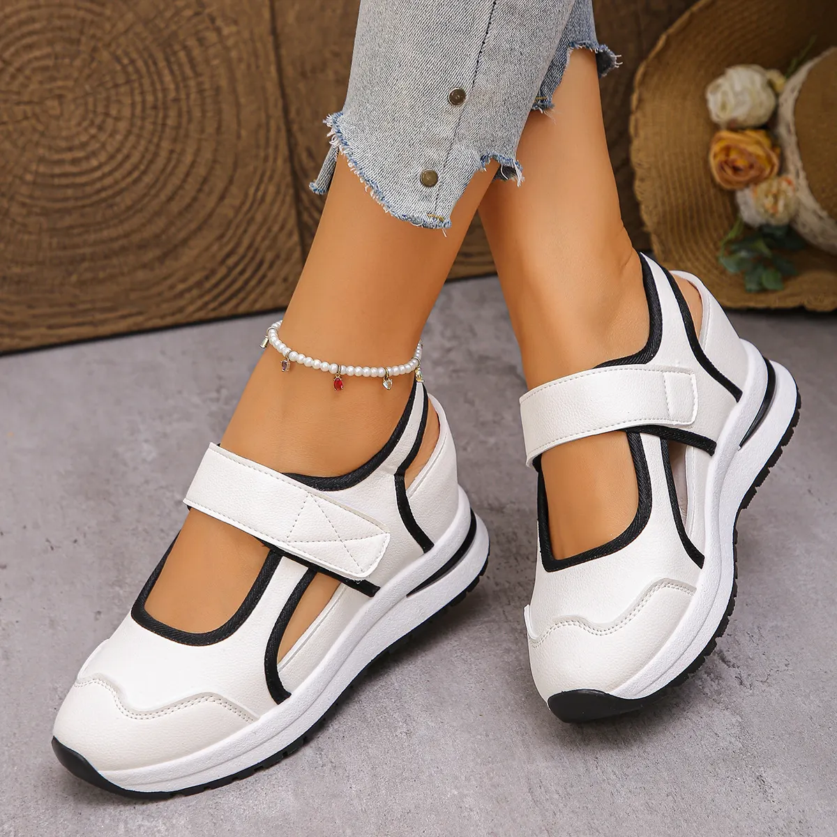👟🌿Damskie, przewiewne buty codzienne na grubej podeszwie, zapinane na rzepy