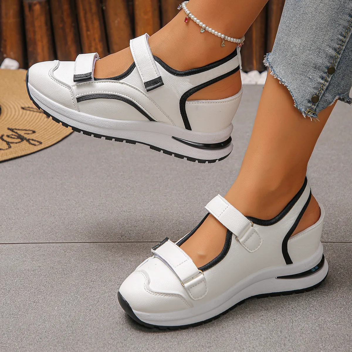 👟🌿Damskie, przewiewne buty codzienne na grubej podeszwie, zapinane na rzepy