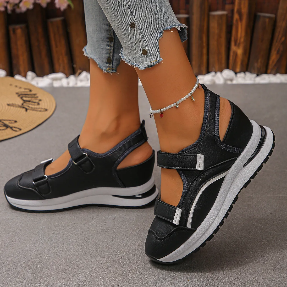 👟🌿Damskie, przewiewne buty codzienne na grubej podeszwie, zapinane na rzepy
