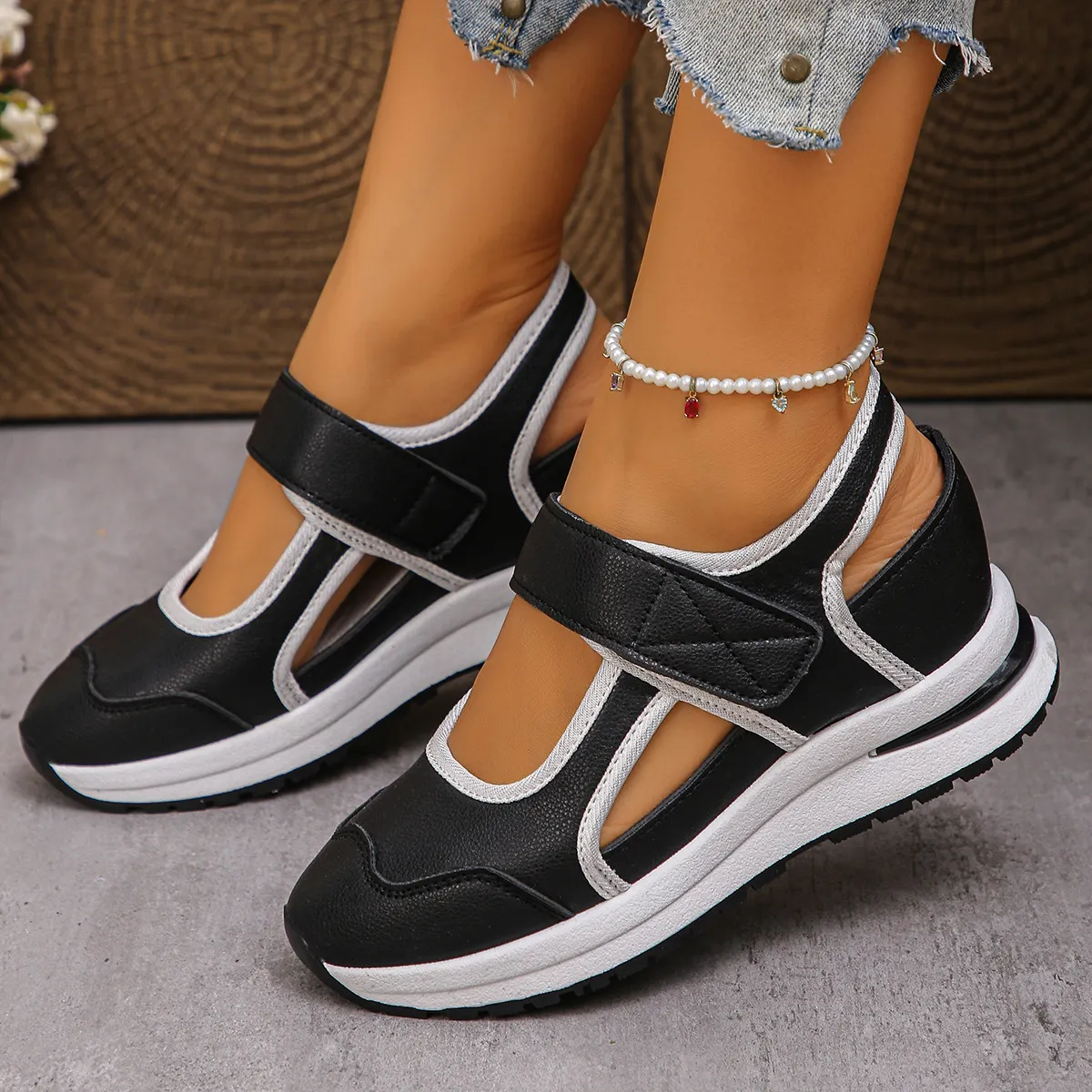 👟🌿Damskie, przewiewne buty codzienne na grubej podeszwie, zapinane na rzepy
