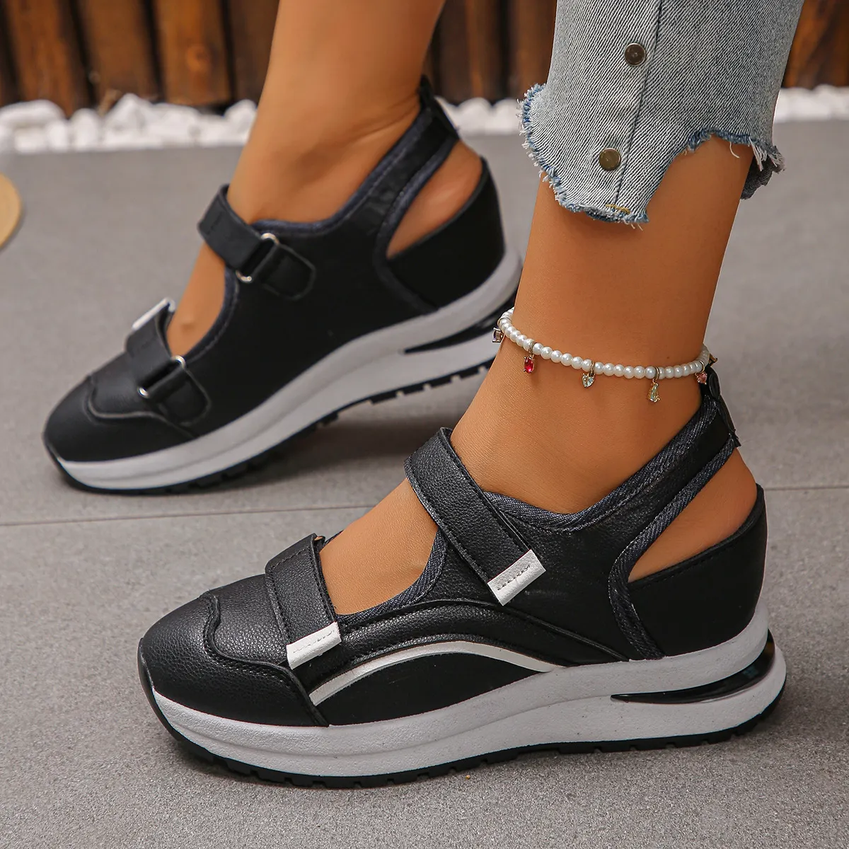 👟🌿Damskie, przewiewne buty codzienne na grubej podeszwie, zapinane na rzepy