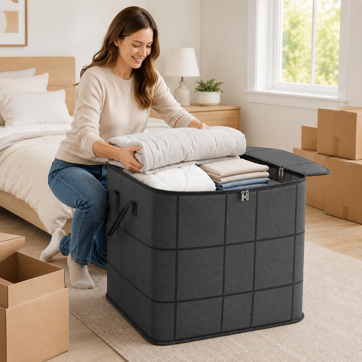 Spacious Moving Storage Bin, Zippered Organizer for Quilts, Bedding & Sweaters, Large Capacity Fabric Bag for Moving Day, Closet & Bedroom Use