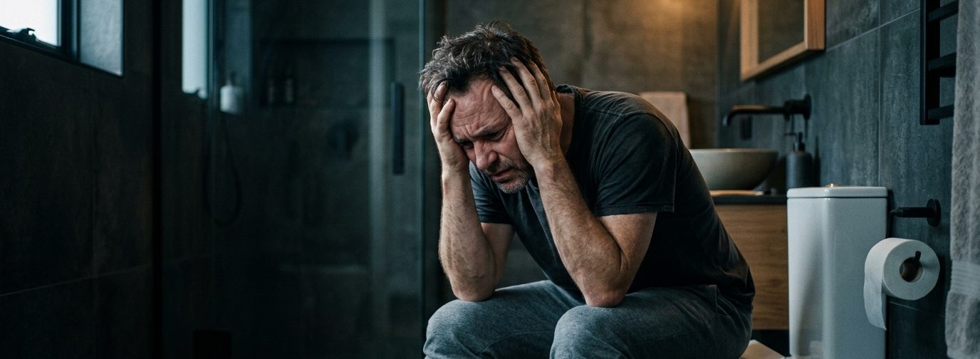 Man sitting in discomfort on toilet