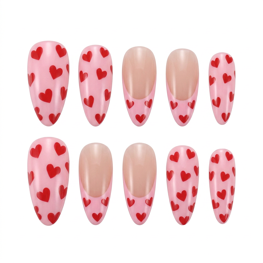 Red Heart Print Almond Press-On Nails | Romantic & Cute Style | Customizable