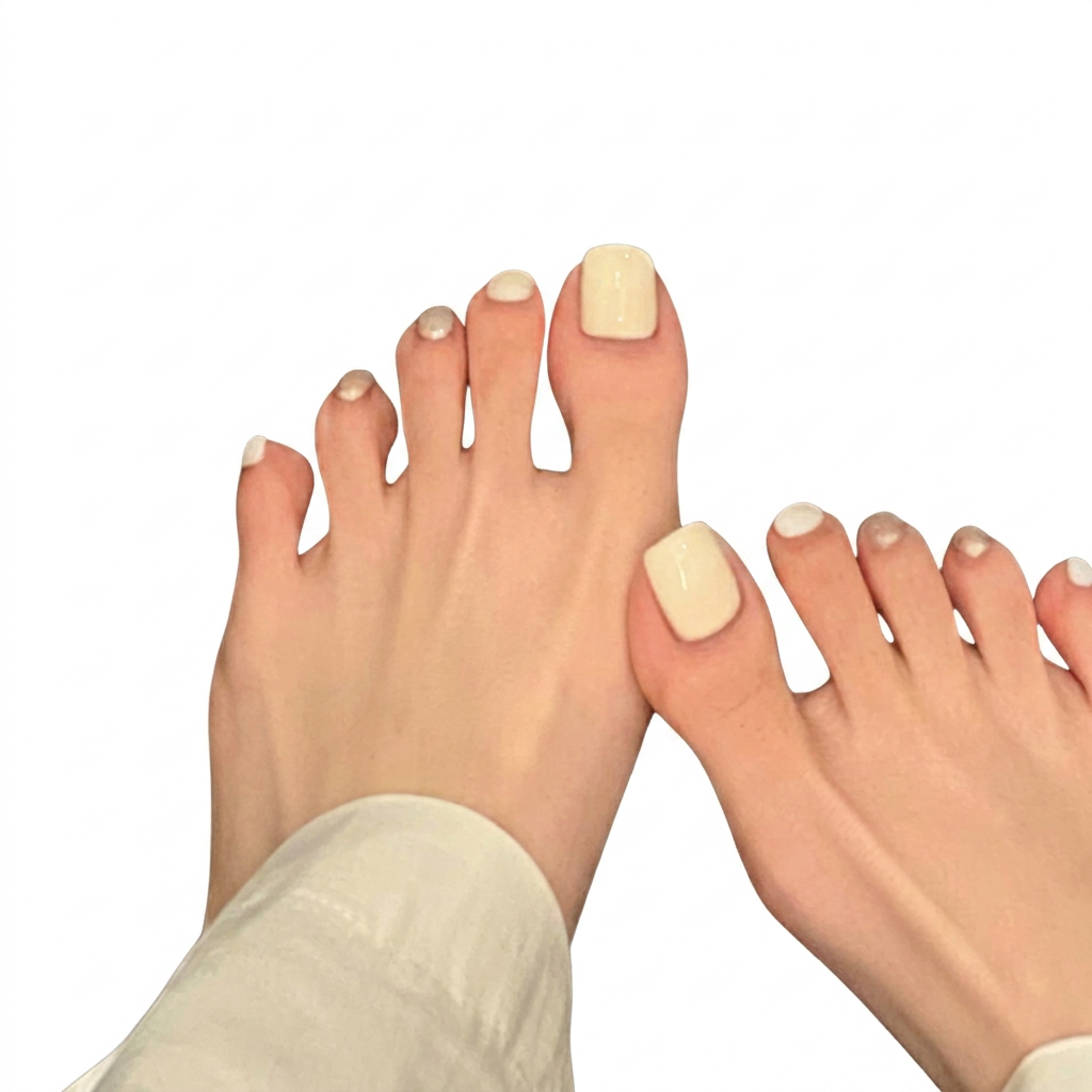 Glossy press-on toenails featuring a warm vanilla cream base and mismatched silver foil shimmer accents on smaller toes.