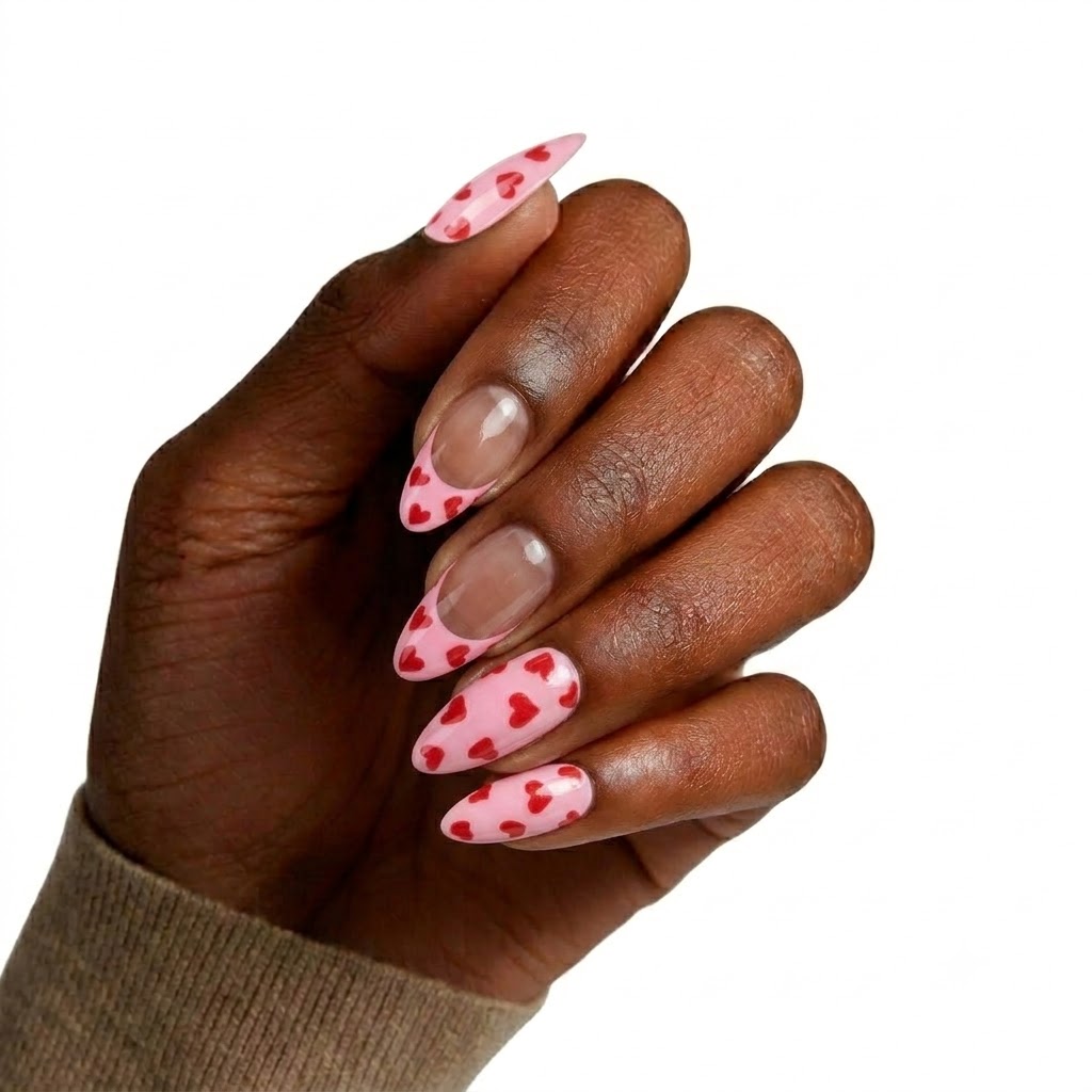 Red Heart Print Almond Press-On Nails | Romantic & Cute Style | Customizable