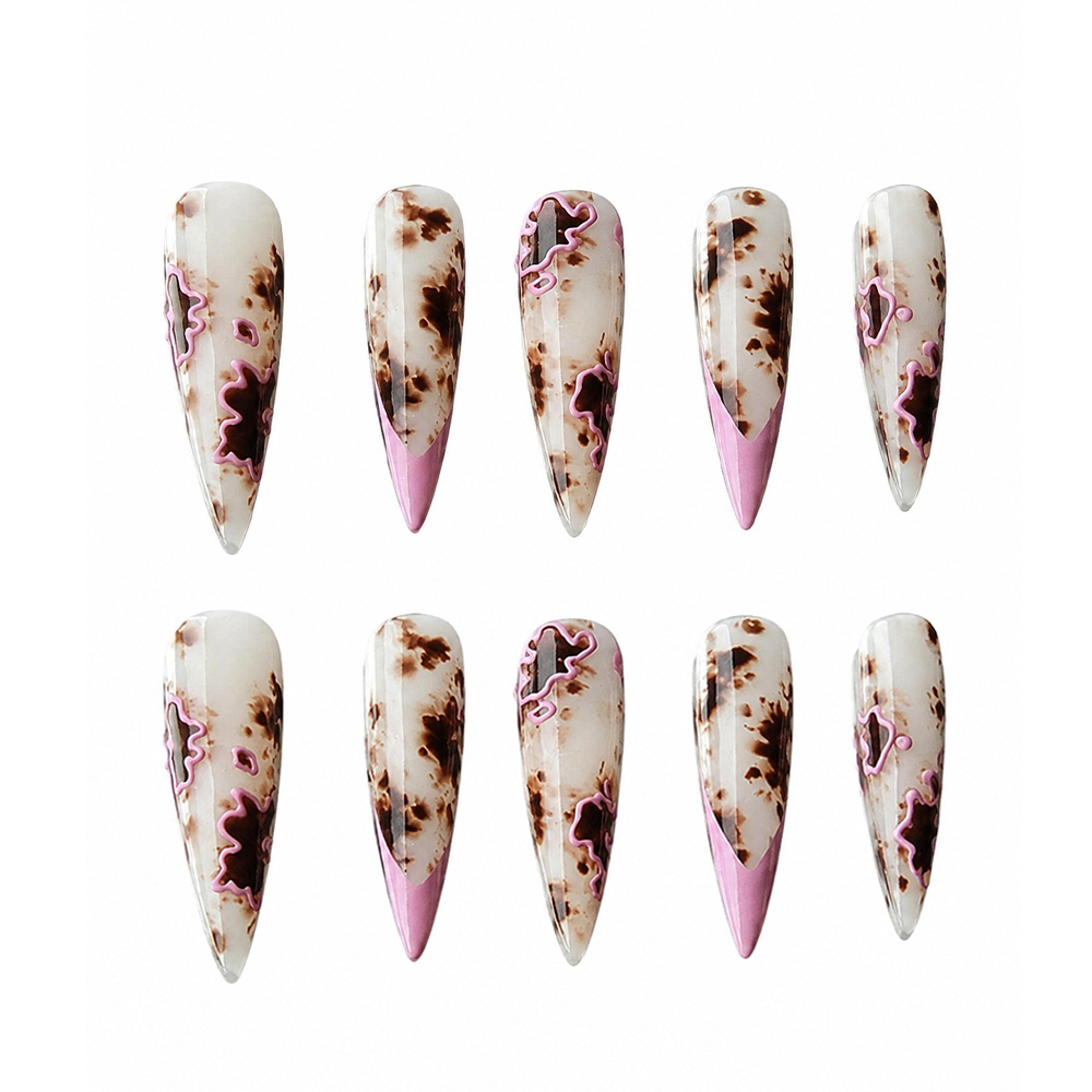 Pointed stiletto press-on nails featuring a brown and cream tortoise shell pattern outlined with 3D raised pink fluid lines.