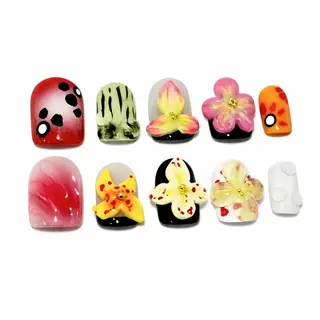 High-gloss multi-design press-on nails featuring hand-painted botanical art, colorful 3D sculpted flowers, and clear water droplets.