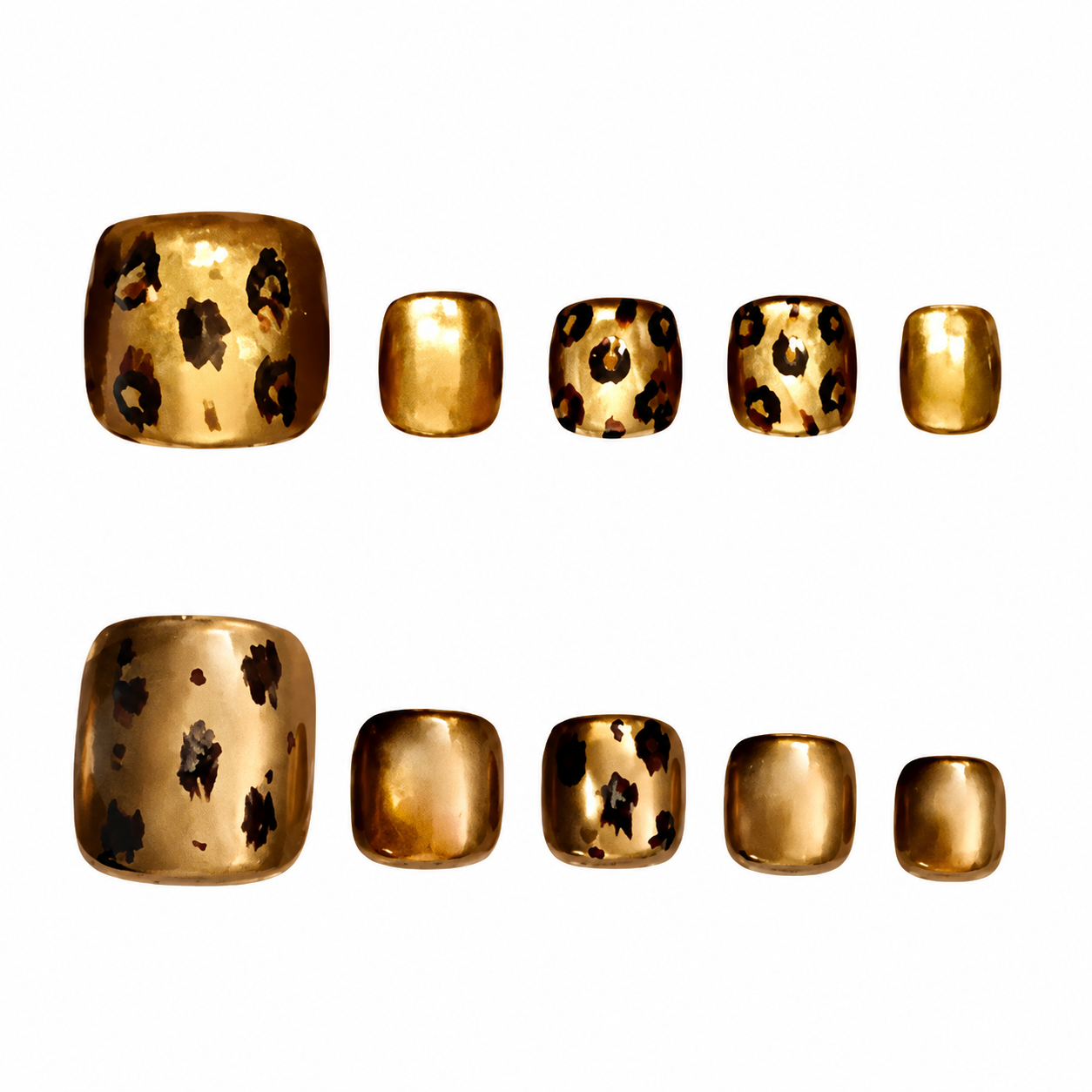 High-shine metallic gold press-on toe nails with chrome mirror finish and rhinestone accent on the big toe