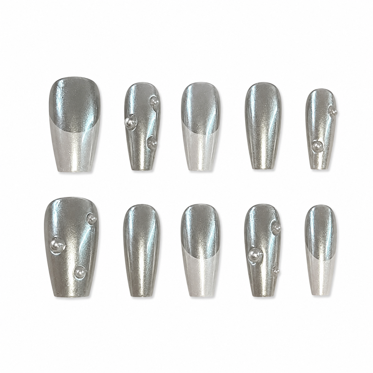 High-gloss iridescent aurora chrome press-on nails with hand-painted French tips and pearl accents.