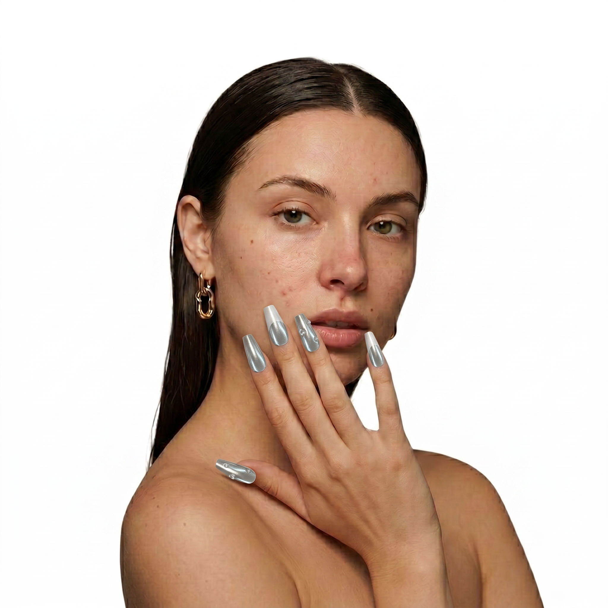High-gloss iridescent aurora chrome press-on nails with hand-painted French tips and pearl accents.