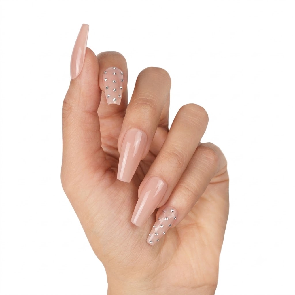 Nude Rhinestone Accent Coffin Press-On Nails | Elegant & Minimalist | Customizable