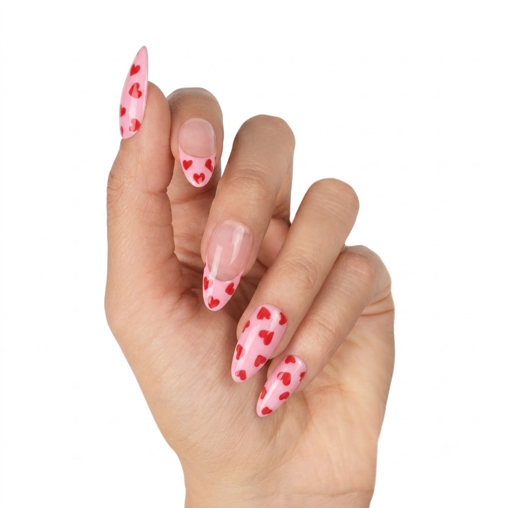 Red Heart Print Almond Press-On Nails | Romantic & Cute Style | Customizable