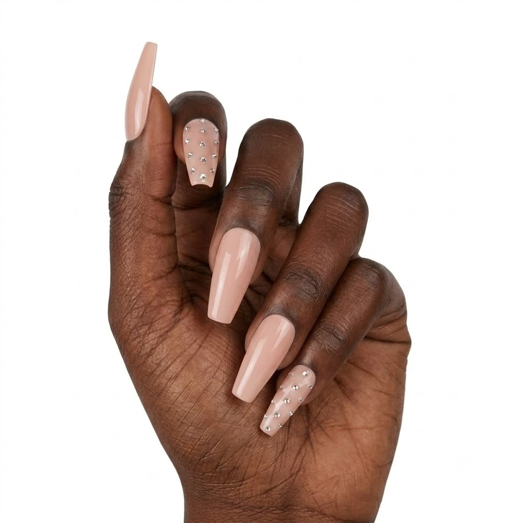 Nude Rhinestone Accent Coffin Press-On Nails | Elegant & Minimalist | Customizable