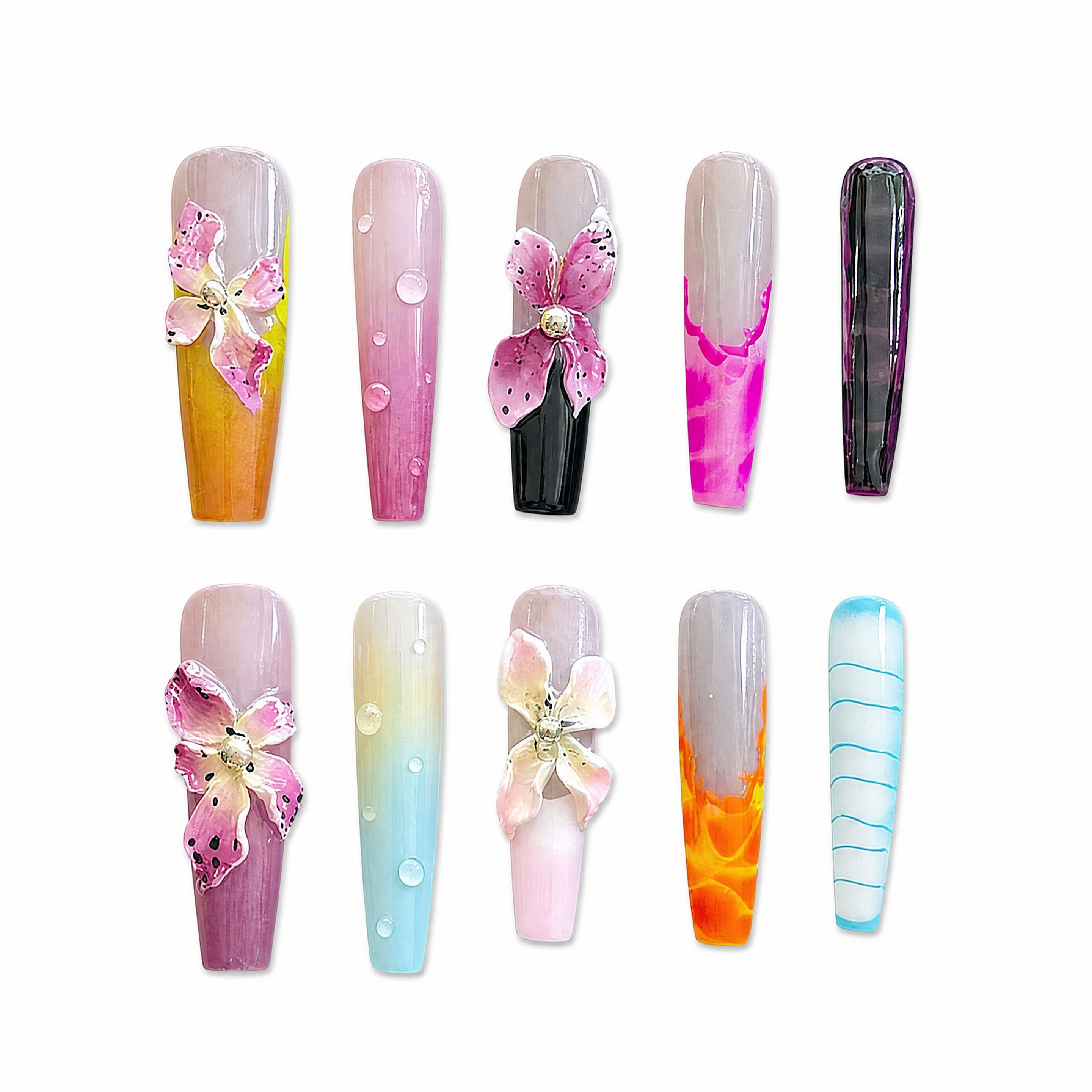 Glossy multi-colored watercolor press-on nails with 3D sculpted pink flowers and clear water droplets.
