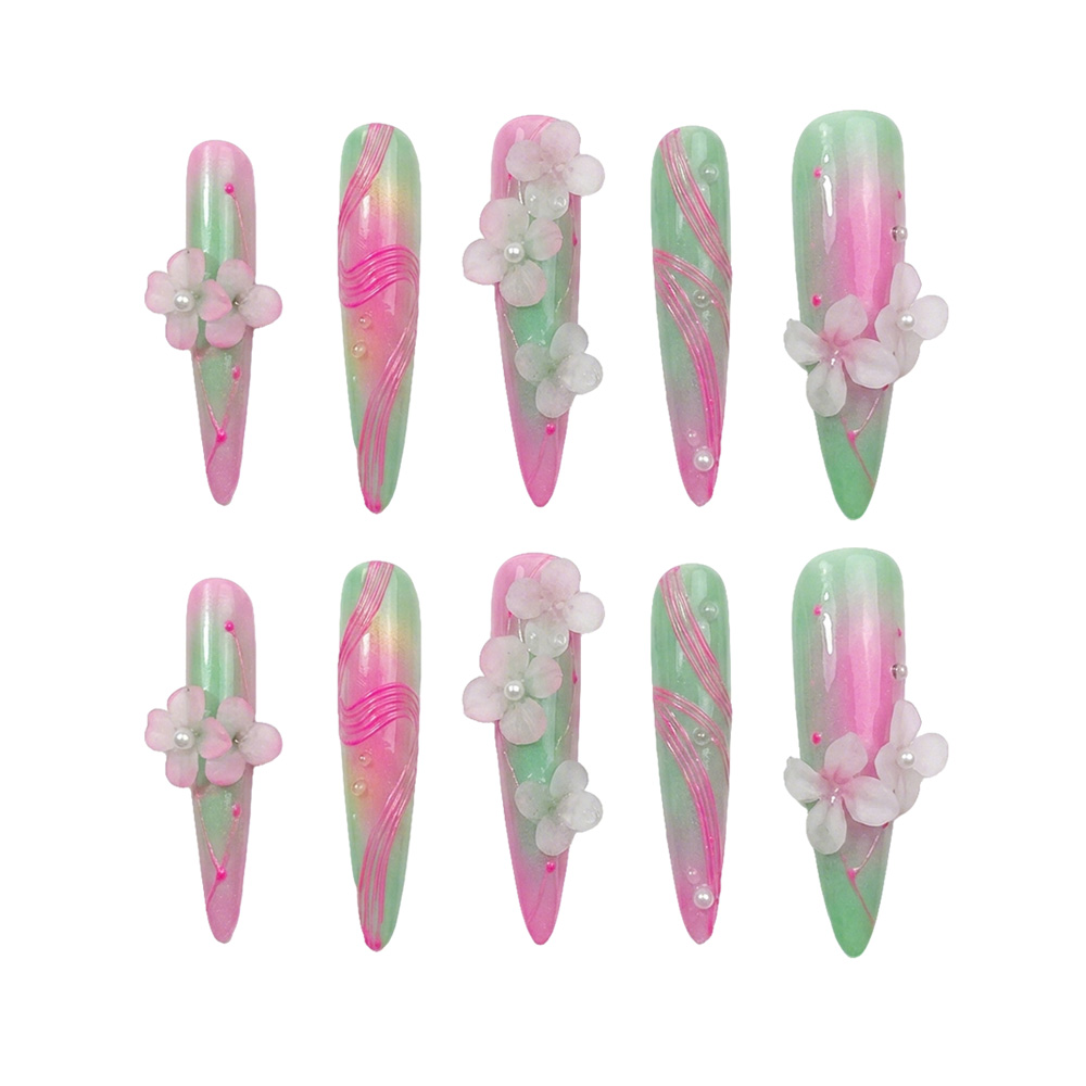 Dreamy mint green and pink watercolor press-on nails with hot pink 3D swirls and handcrafted 3D white flowers.