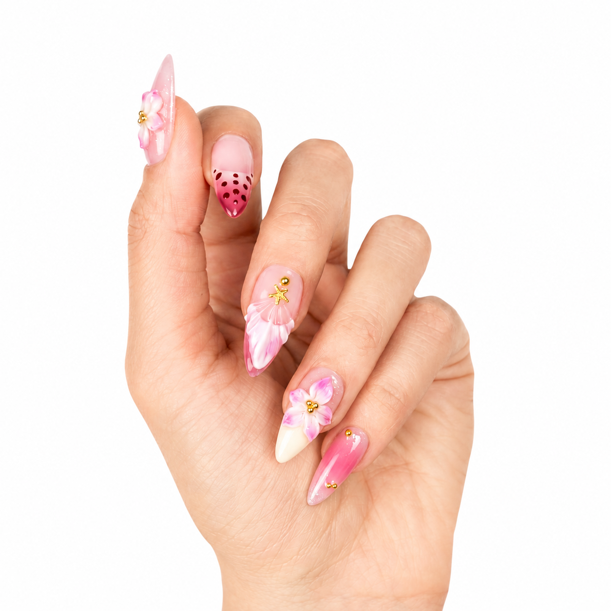High-gloss romantic press-on nails featuring 3D sculpted pink flowers, white shell ripples, gold starfish accents, and pink gems.