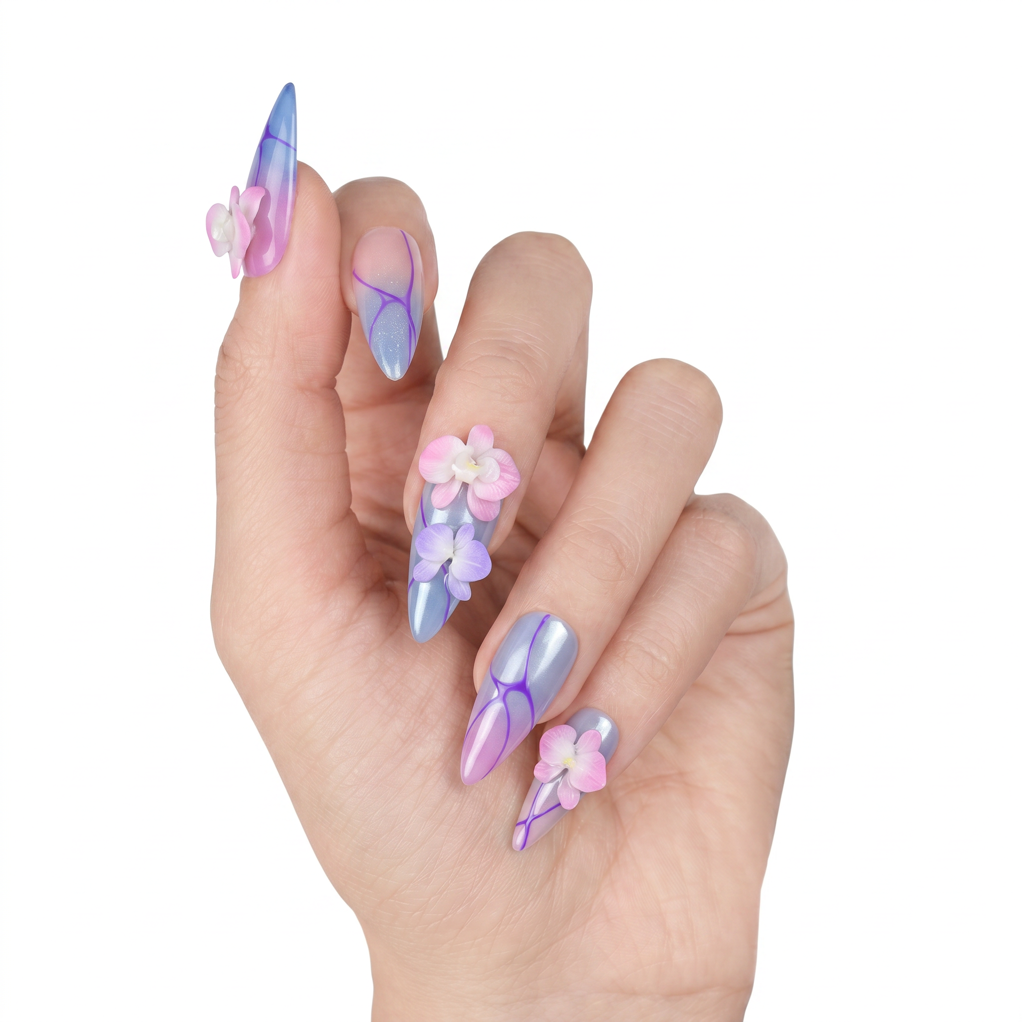 High-gloss iridescent press-on nails with 3D sculpted pink and purple orchids and fine purple line-work.