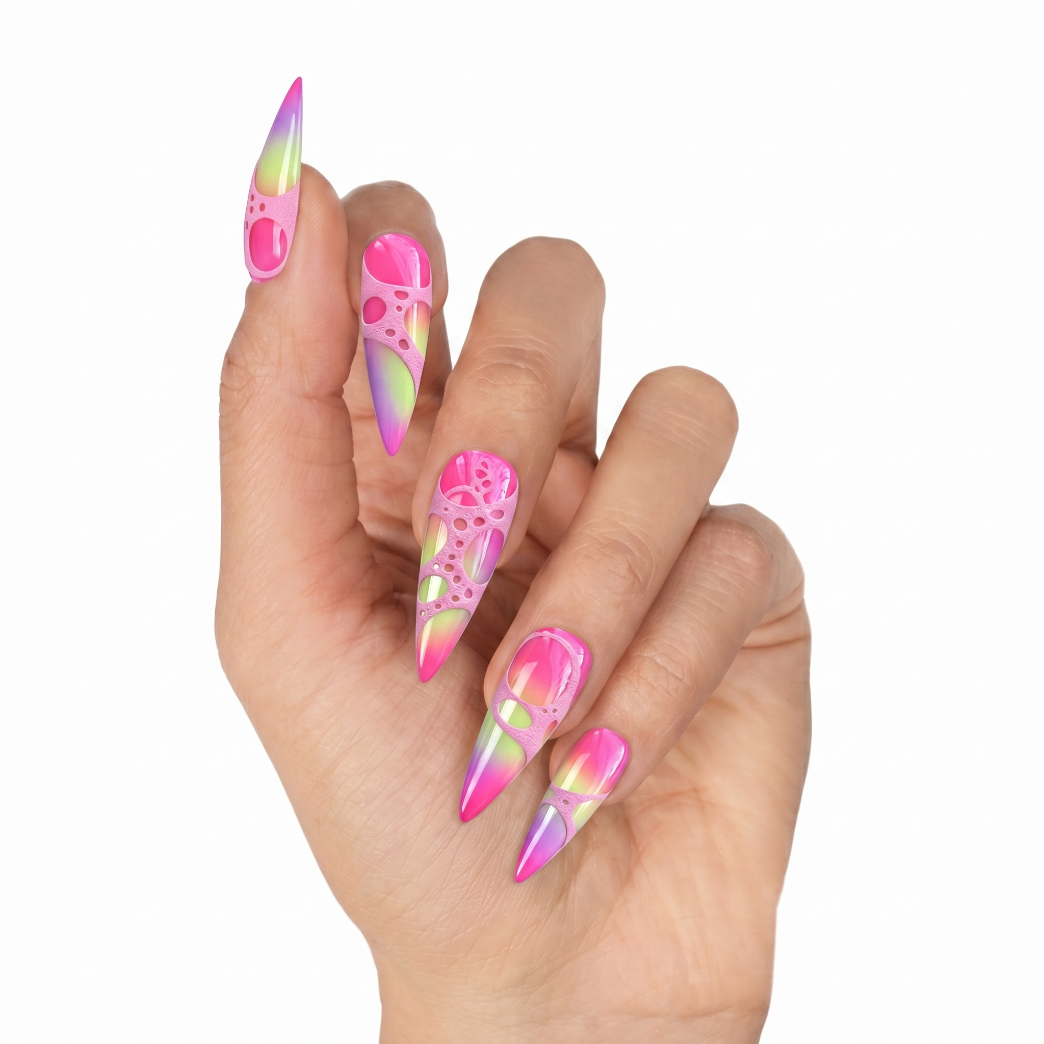 High-gloss press-on nails with neon pink, green, and purple gradients under a textured pastel pink 3D cellular overlay.