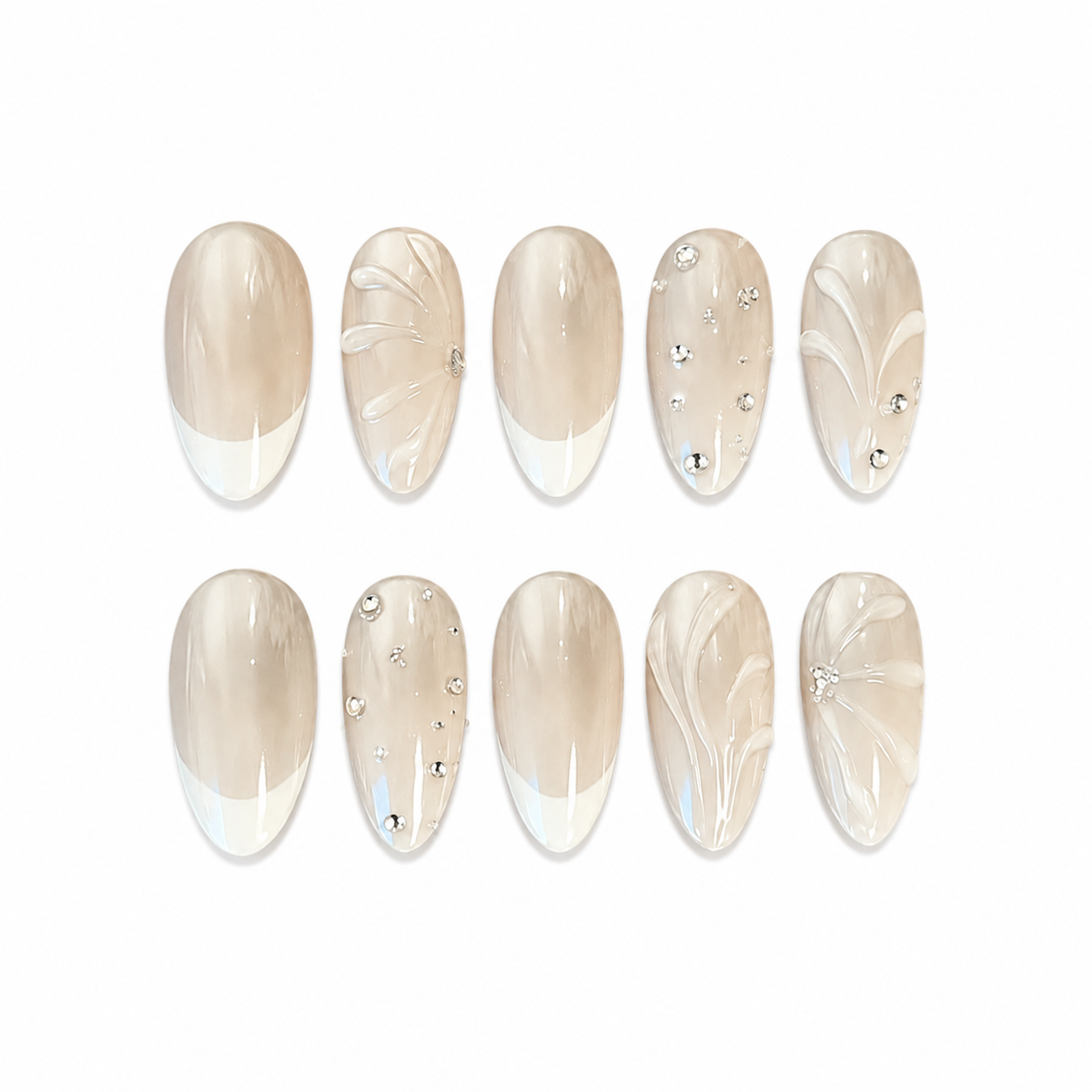 Glossy oval press-on nails with an aurora chrome base, featuring white French tips, tiny rhinestones, and 3D fluid petals.