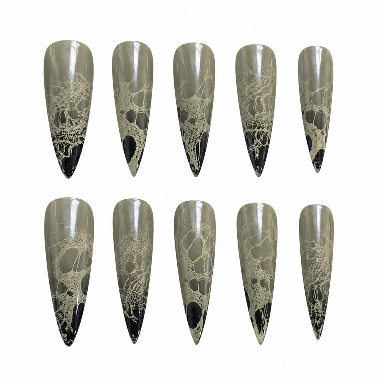 Glossy stiletto press-on nails with smoky olive bases, detailed hand-painted black cobweb lace, and black ombre tips.