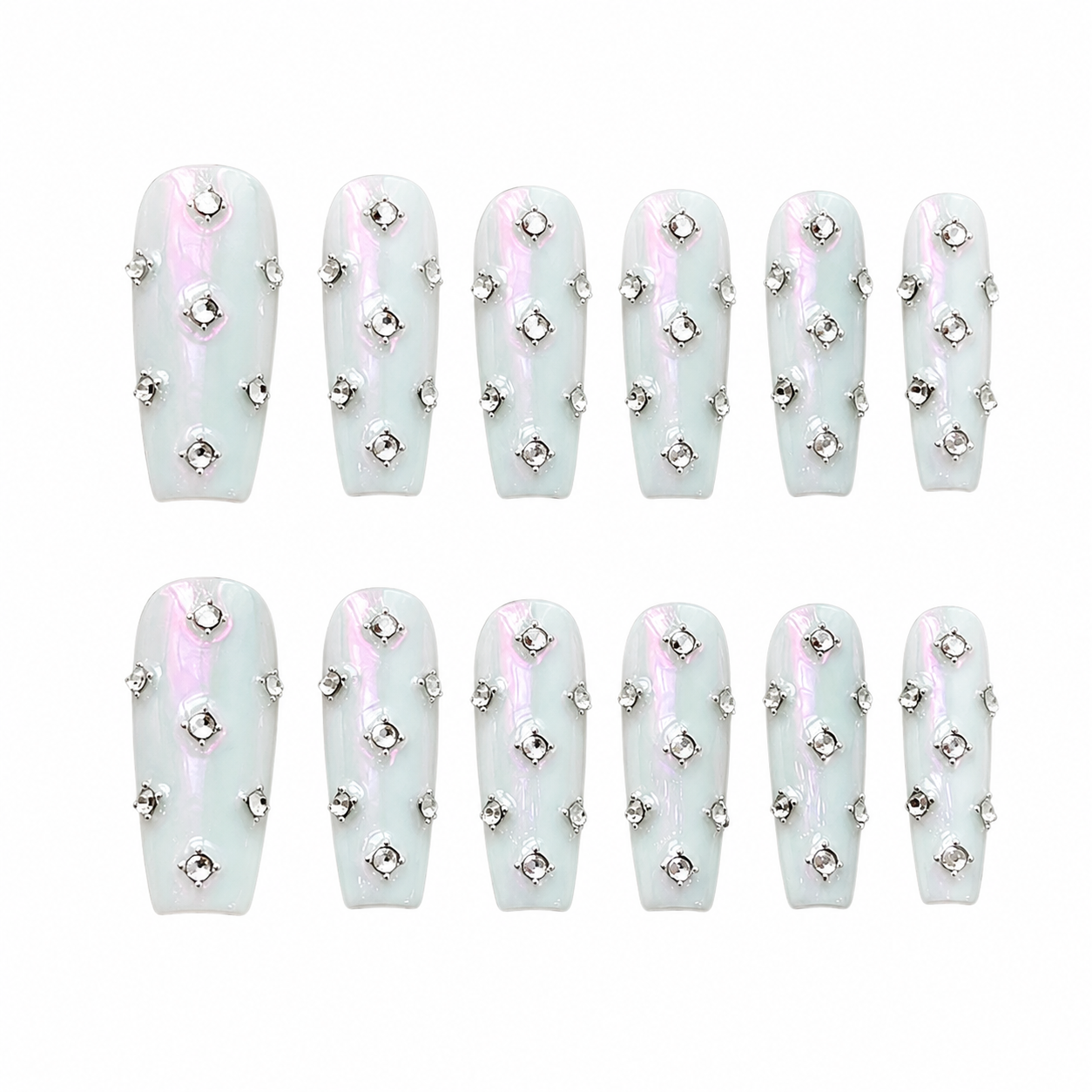 Glossy coffin press-on nails with white aurora chrome shifting pink, embellished with rhinestones in silver metal studs.