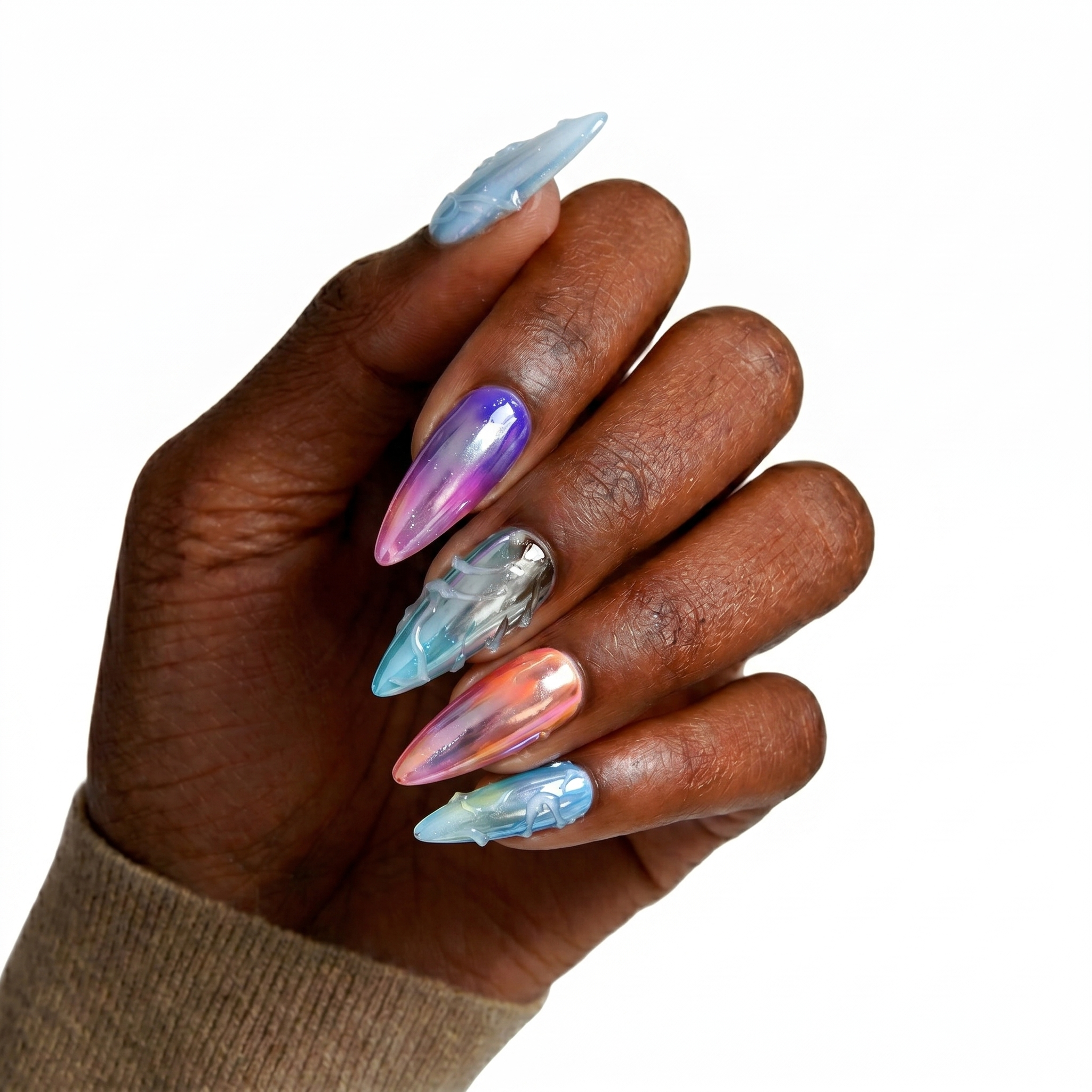 Glossy stiletto press-on nails with colorful metallic chrome gradients, accented by clear 3D fluid liquid gel lines.