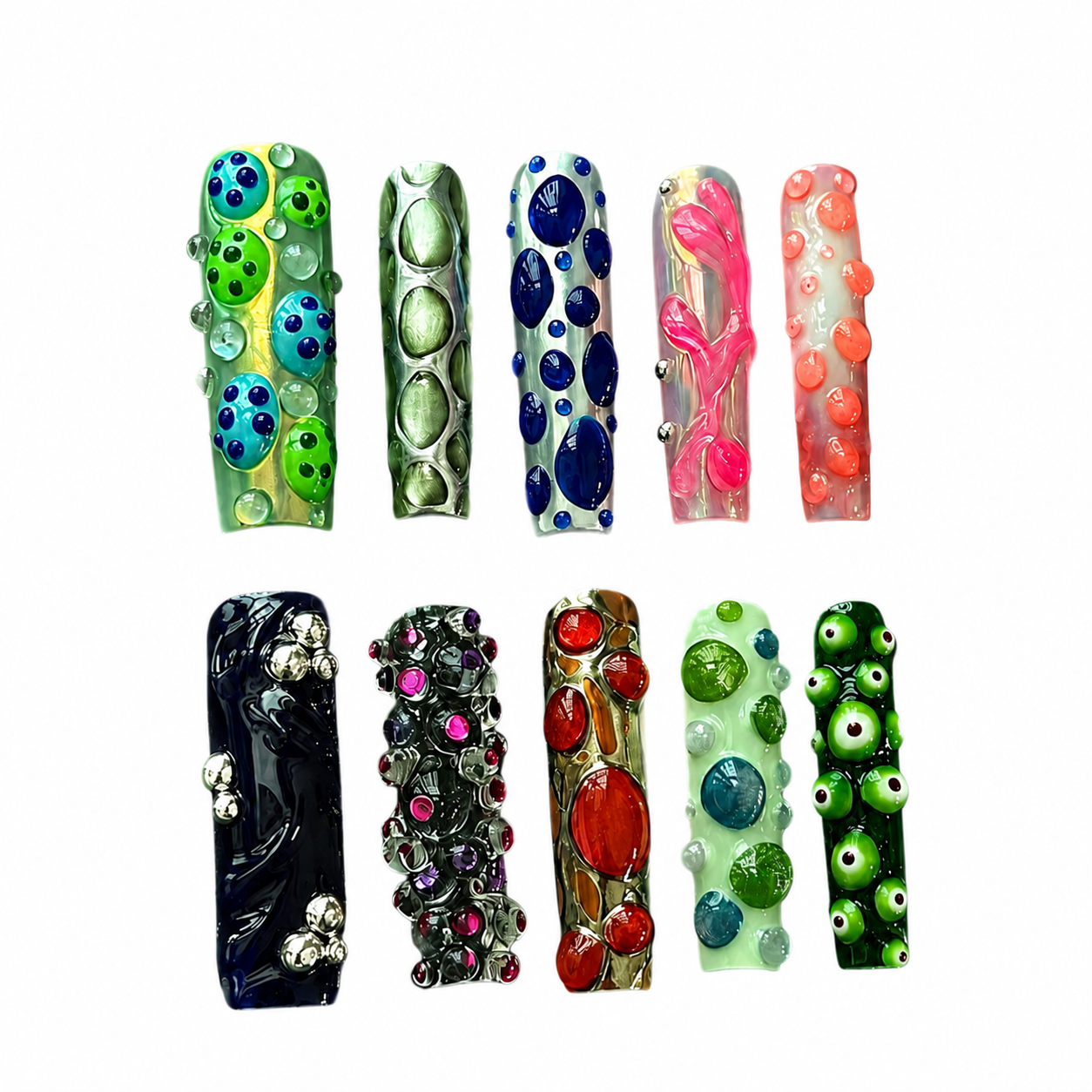 Glossy long mismatched press-on nails featuring colorful chrome bases, 3D fluid bubbles, monster eyes, and textured patterns.