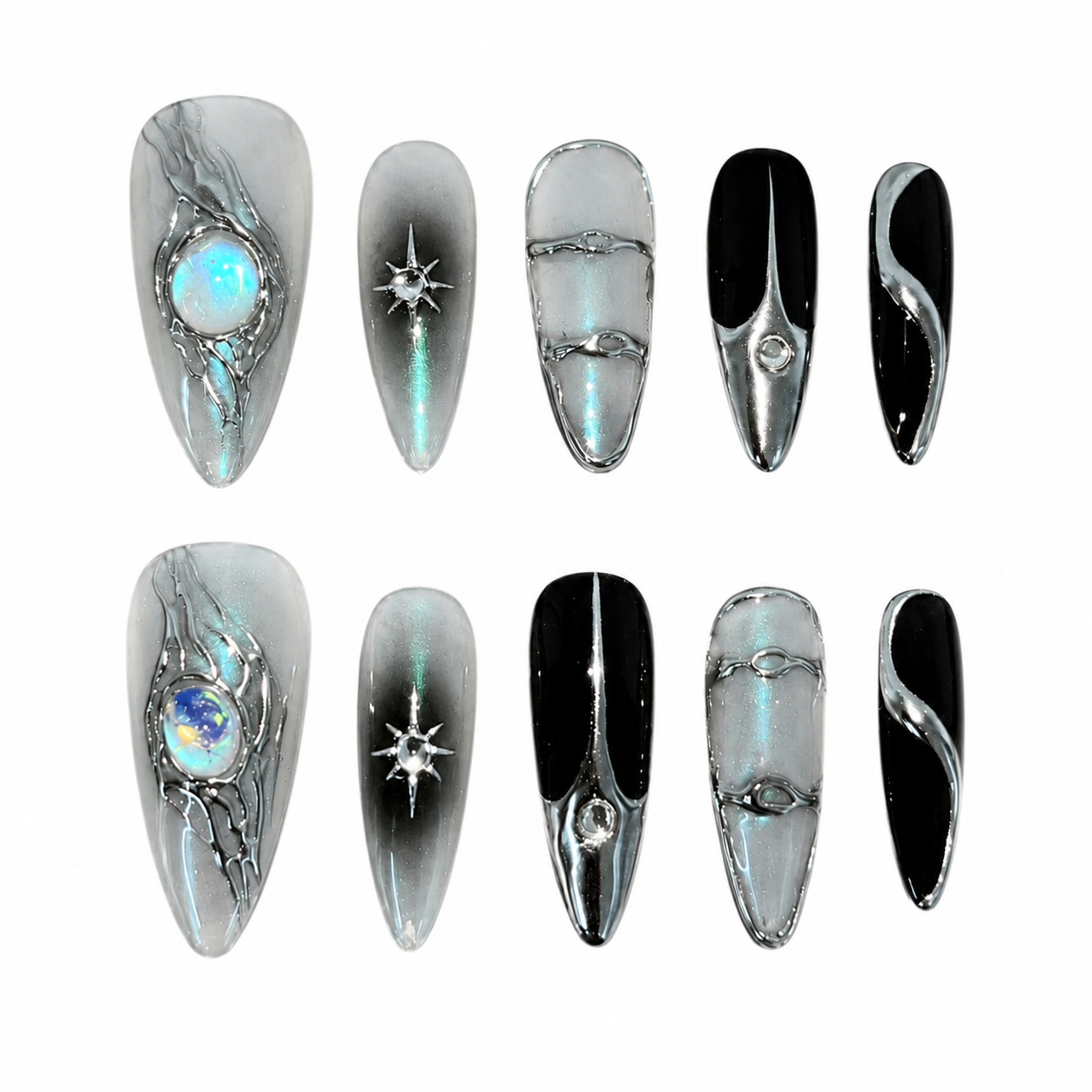 Glossy stiletto press-on nails with a black and aurora chrome base, 3D liquid silver molten metal frames, luminous galactic gems, and star rivets.