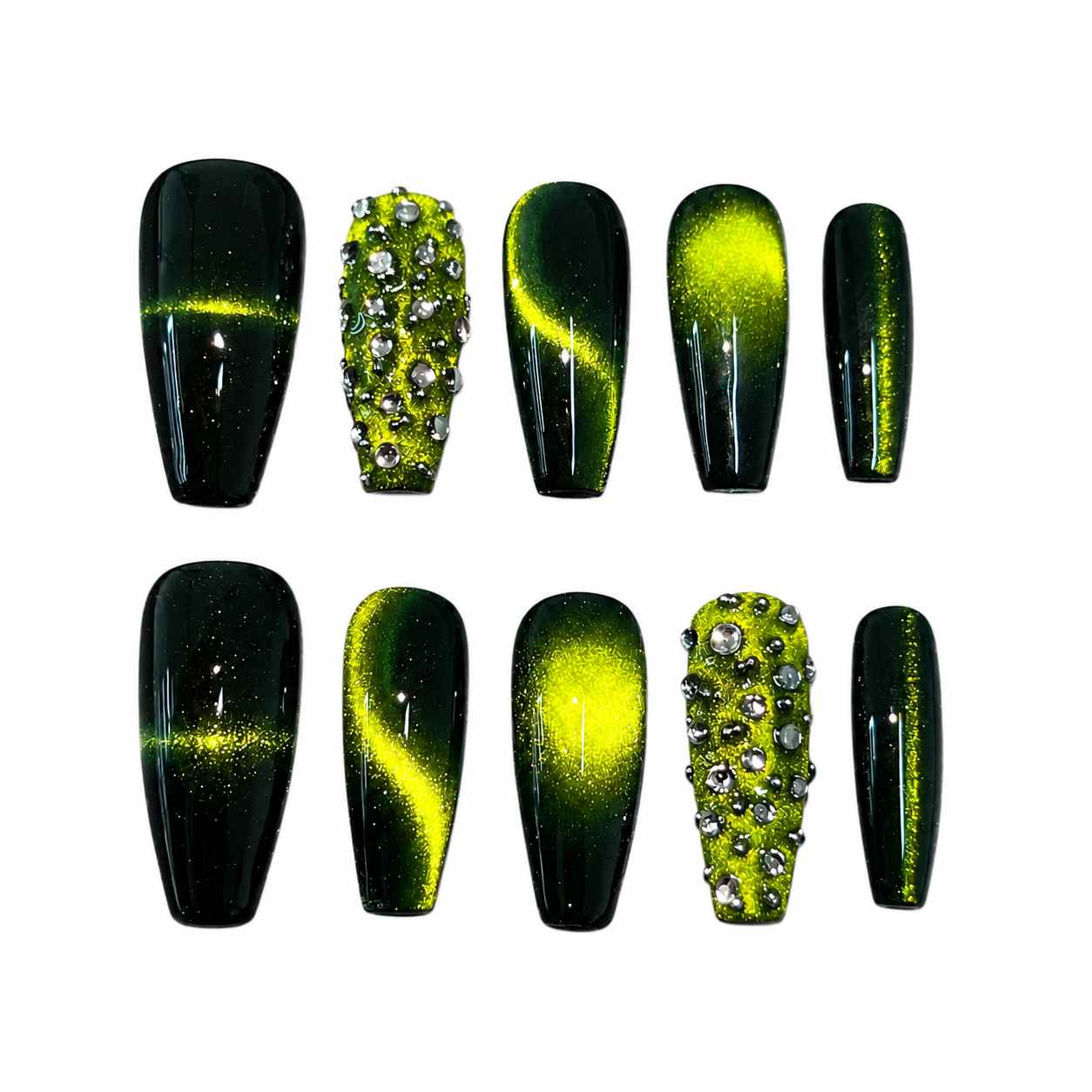 Glossy  press-on nails with black and electric neon green magnetic cateye effects, accented by full-coverage silver rhinestones and metallic beads.