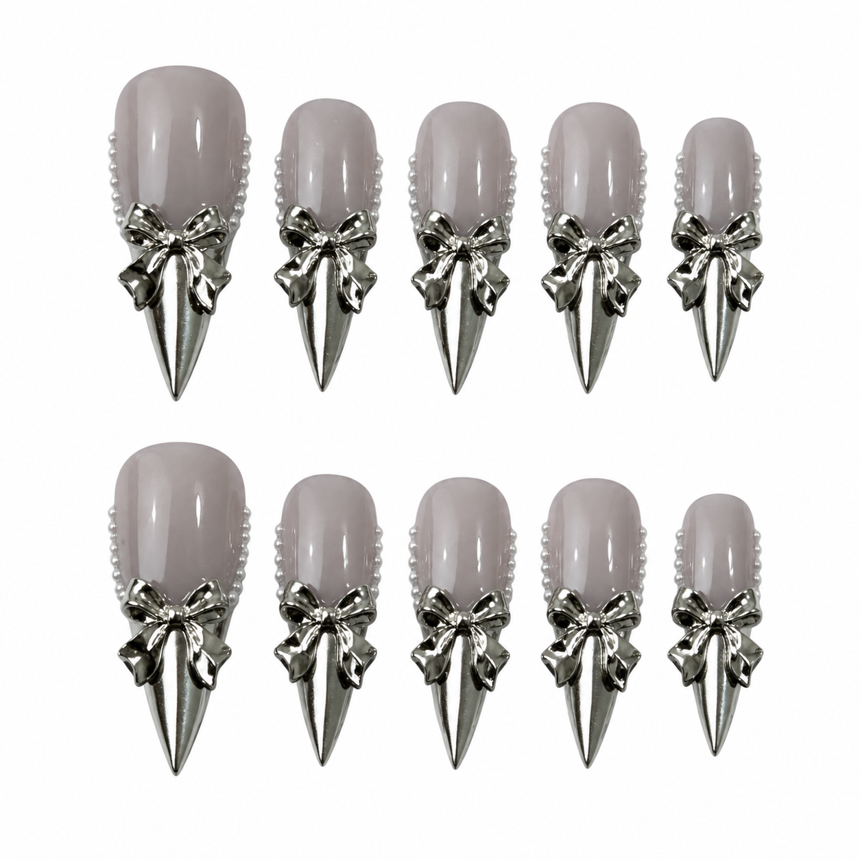 Glossy press-on nails with a jelly grey-purple aurora base, sharp mirror silver chrome tips, metallic silver bows, and white pearl borders.