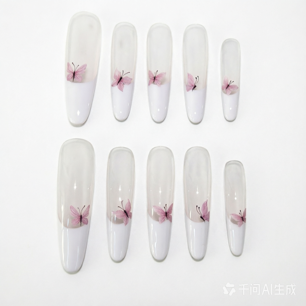 Glossy press-on nails with a clear base, milk-white French tips, and delicate pink butterfly accents.