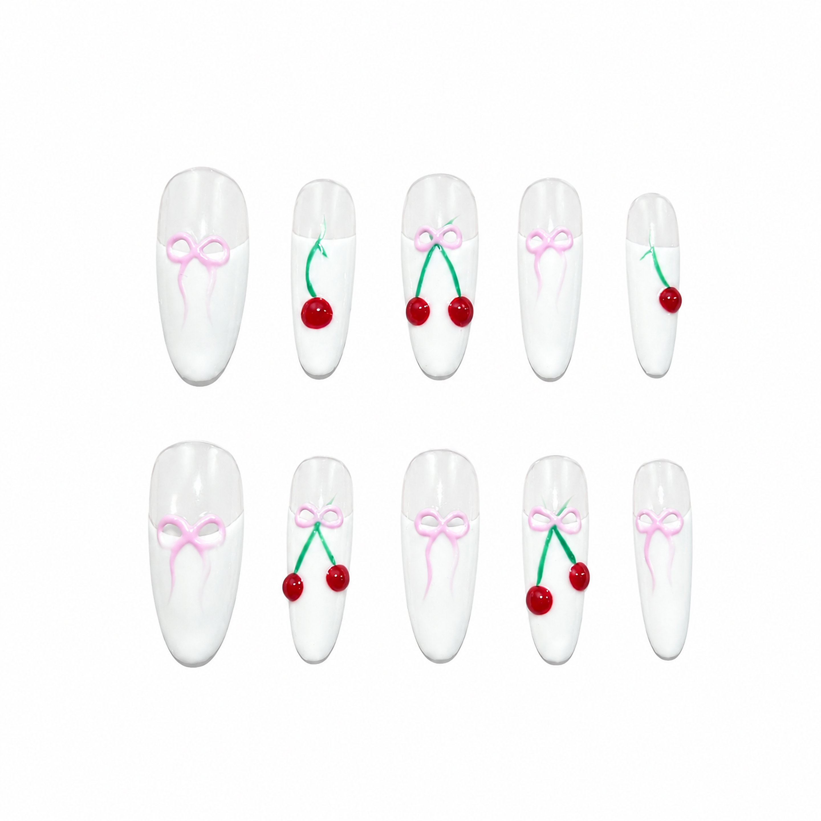 Glossy French press-on nails with a white tip, decorated with 3D red cherries and hand-painted pink ribbon bows.