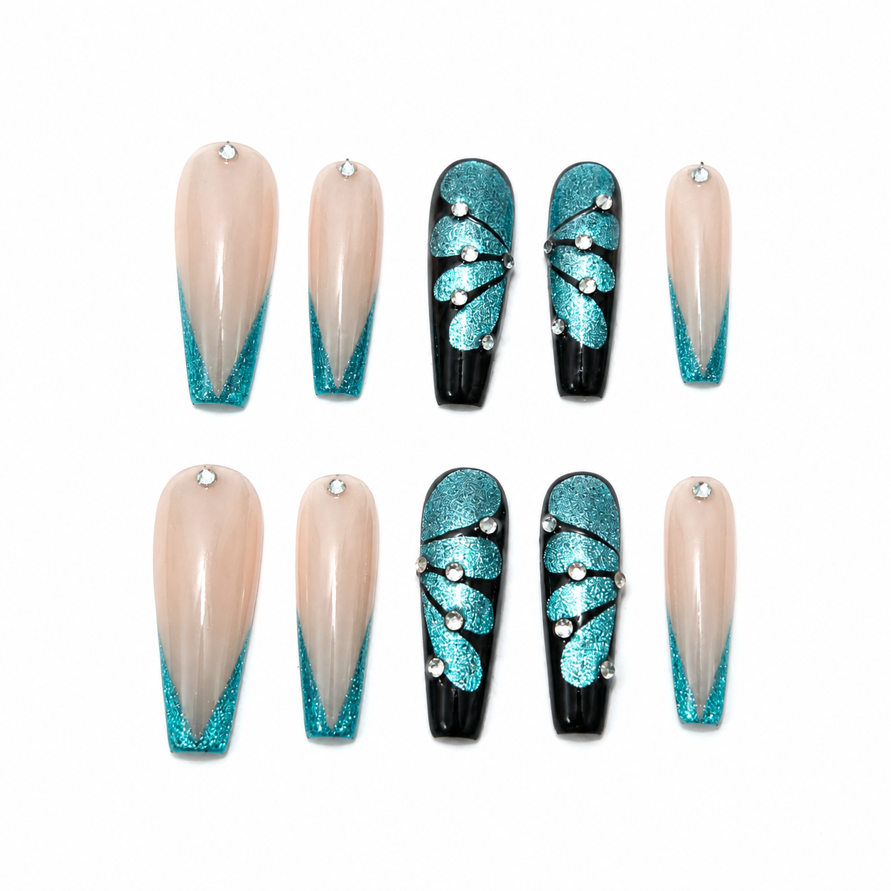 Glossy press-on nails featuring a nude base with teal glitter V-French tips and black accent nails decorated with hand-painted shimmering teal butterfly wings and rhinestones.