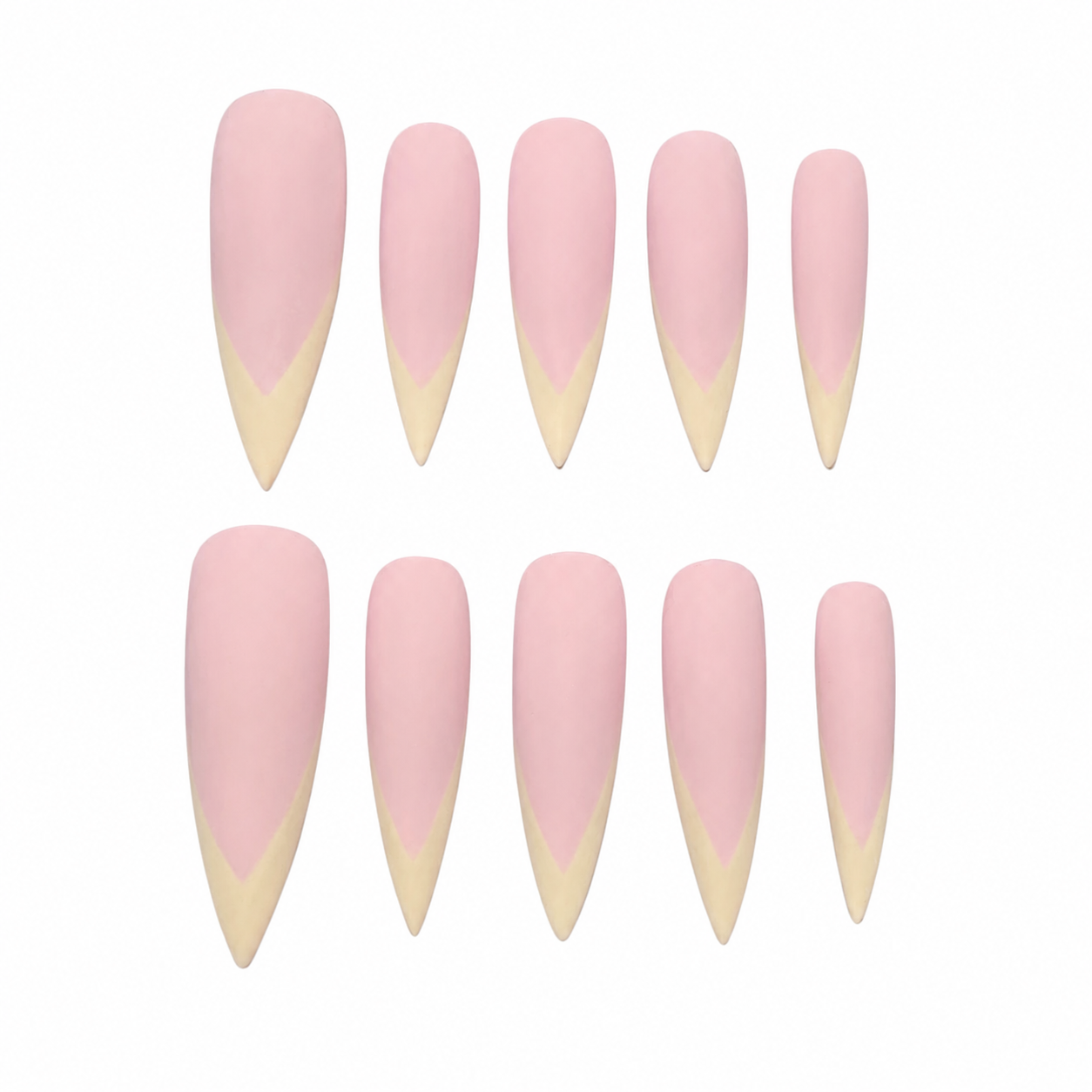 Matte press-on nails featuring a pastel pink base and cream-yellow V-shaped French tips.