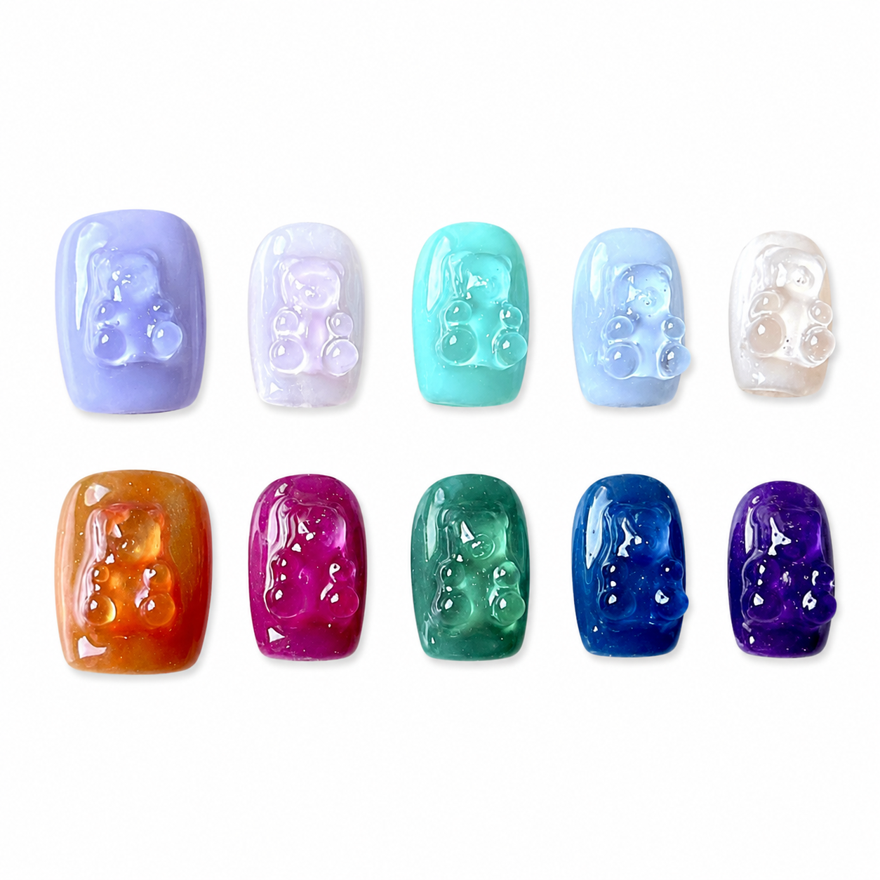 Glossy rainbow jelly press-on nails in a short squoval shape, each decorated with a matching 3D translucent gummy bear charm.
