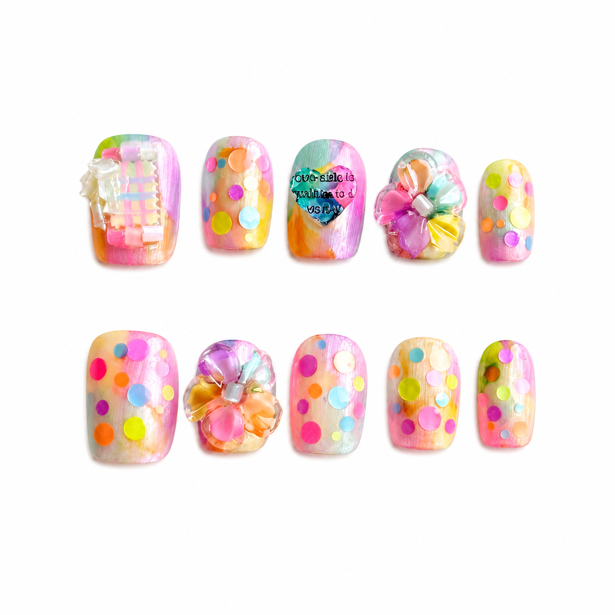 Glossy multi-color watercolor press-on nails decorated with colorful polka dot sequins and maximalist 3D charms including flowers and hearts.