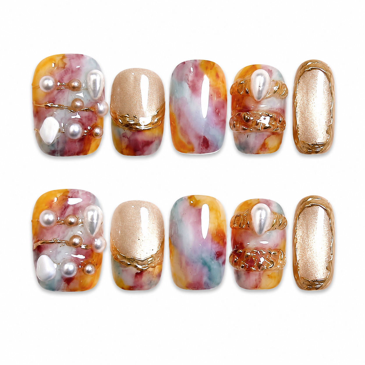 Glossy press-on nails with an amber and burgundy marble smudge design, featuring champagne gold chrome details, molten gold 3D lines, and pearls.
