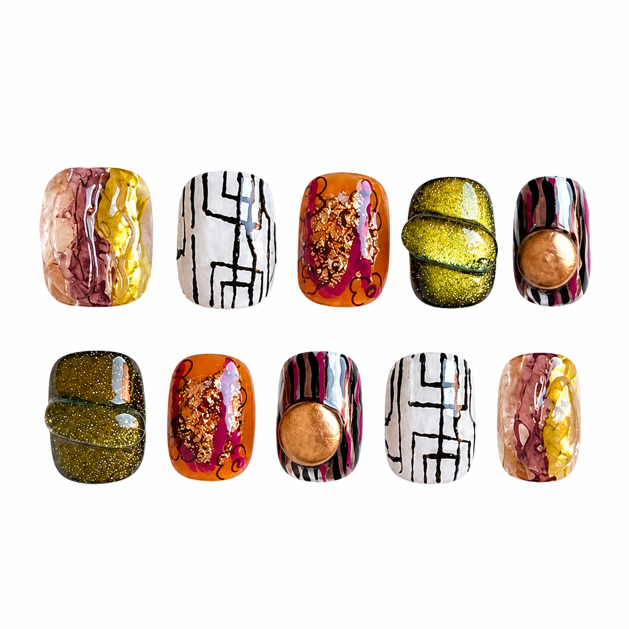 Glossy press-on nails featuring a mixed-media design with hand-painted black and white mazes, amber gold foil flakes, green glitter with 3D waves, and abstract stripes with bronze domes.