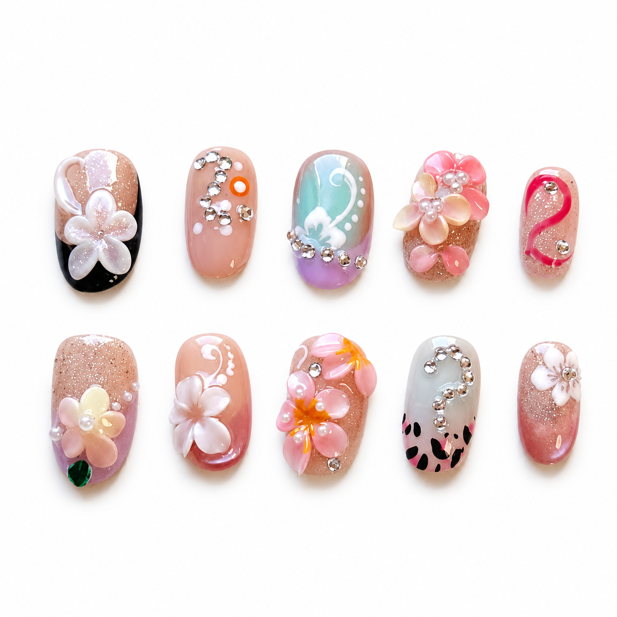 Glossy Y2K gyaru-style press-on nails featuring a mix of pink and teal gradients, leopard prints, rhinestone swirls, and 3D hand-sculpted flowers with pearls.