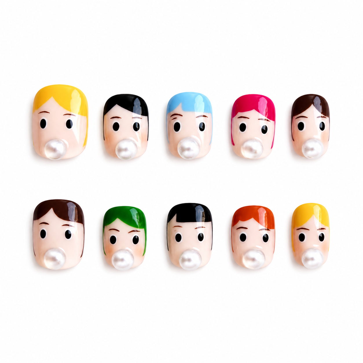 Glossy press-on nails featuring hand-painted cartoon doll faces with multi-colored hair and 3D white pearl bubbles placed on their mouths.