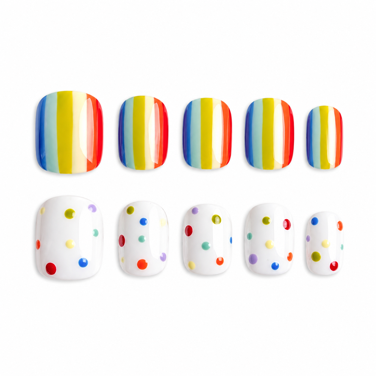 Glossy press-on nails featuring a split design of hand-painted colorful vertical rainbow stripes and a white base with multicolored polka dots.