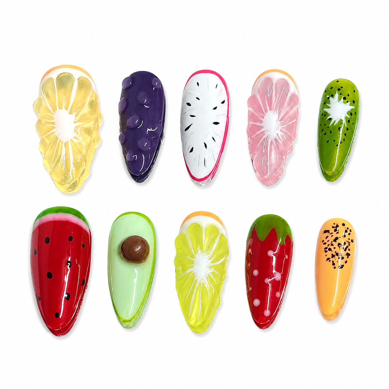 Glossy press-on nails featuring realistic hand-painted fruit designs with 3D textured citrus pulps, watermelon, strawberry, and kiwi motifs.