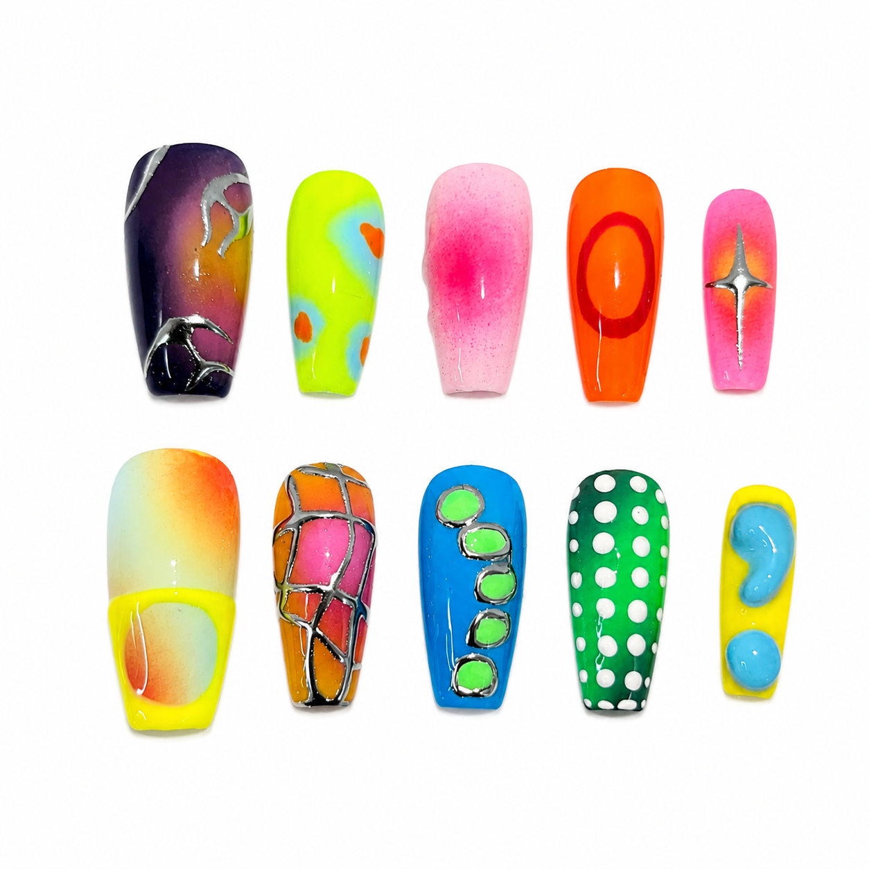 Glossy press-on nails featuring a mismatched neon airbrush design with silver chrome stars, molten grids, and colorful 3D jelly fluid accents.