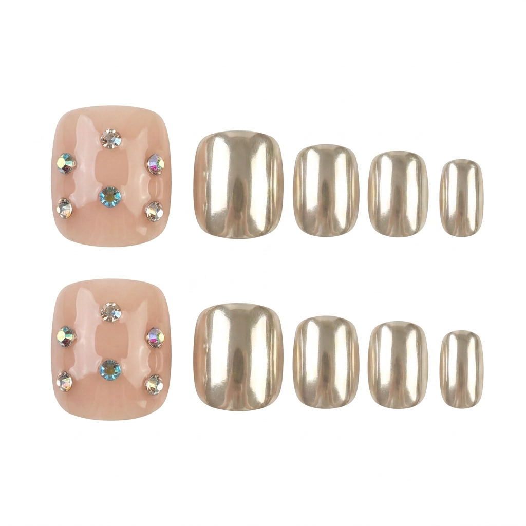 Flat lay of nude rhinestone and metallic chrome press-on toe nails