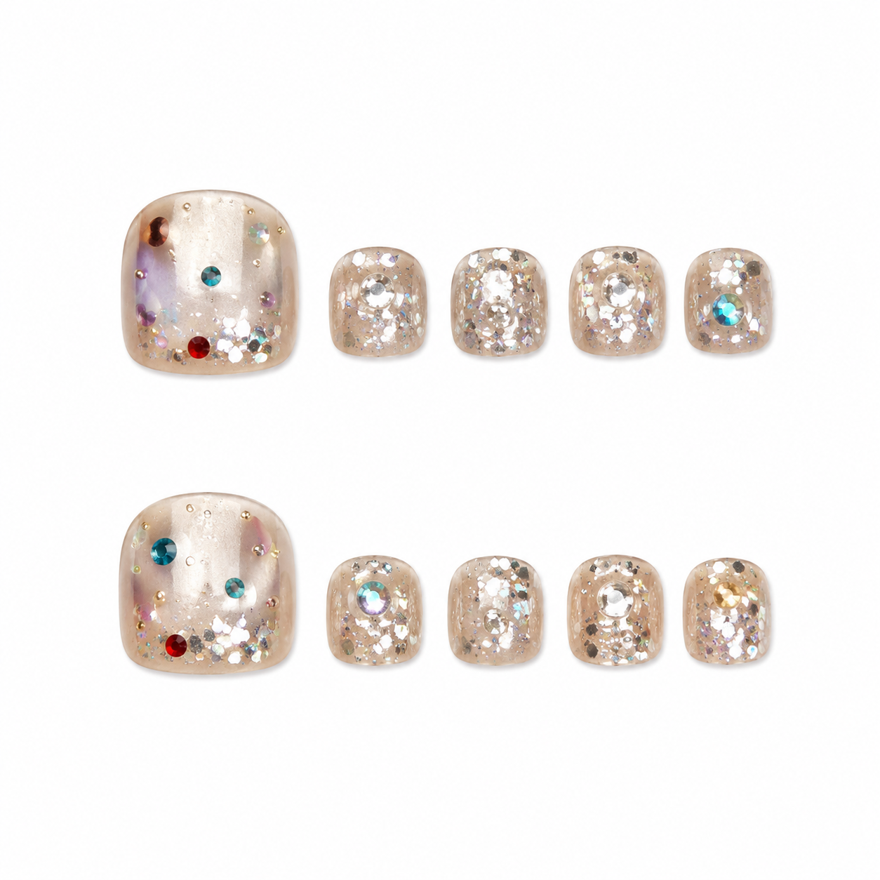 Light skin tone feet wearing confetti and gemstone press-on toe nails
