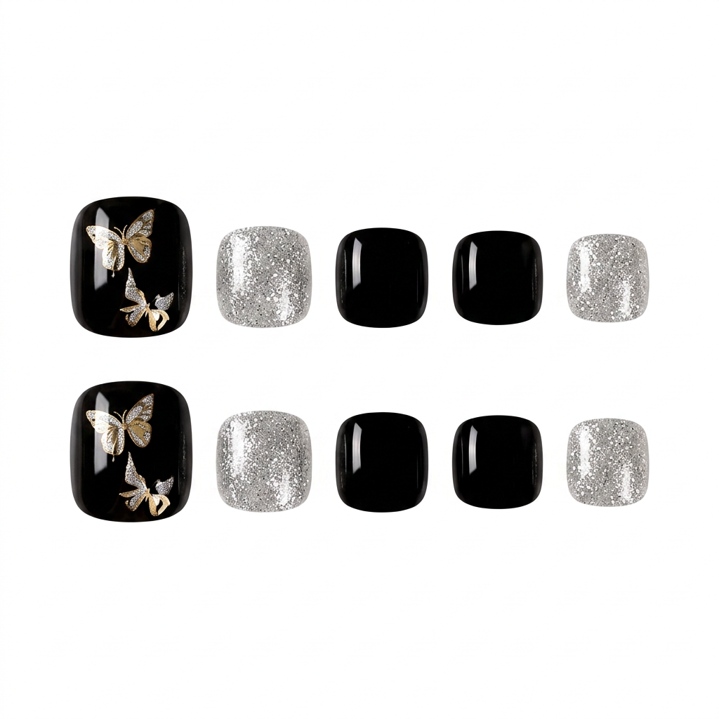 Black and gold butterfly press-on toe nails with silver glitter accents