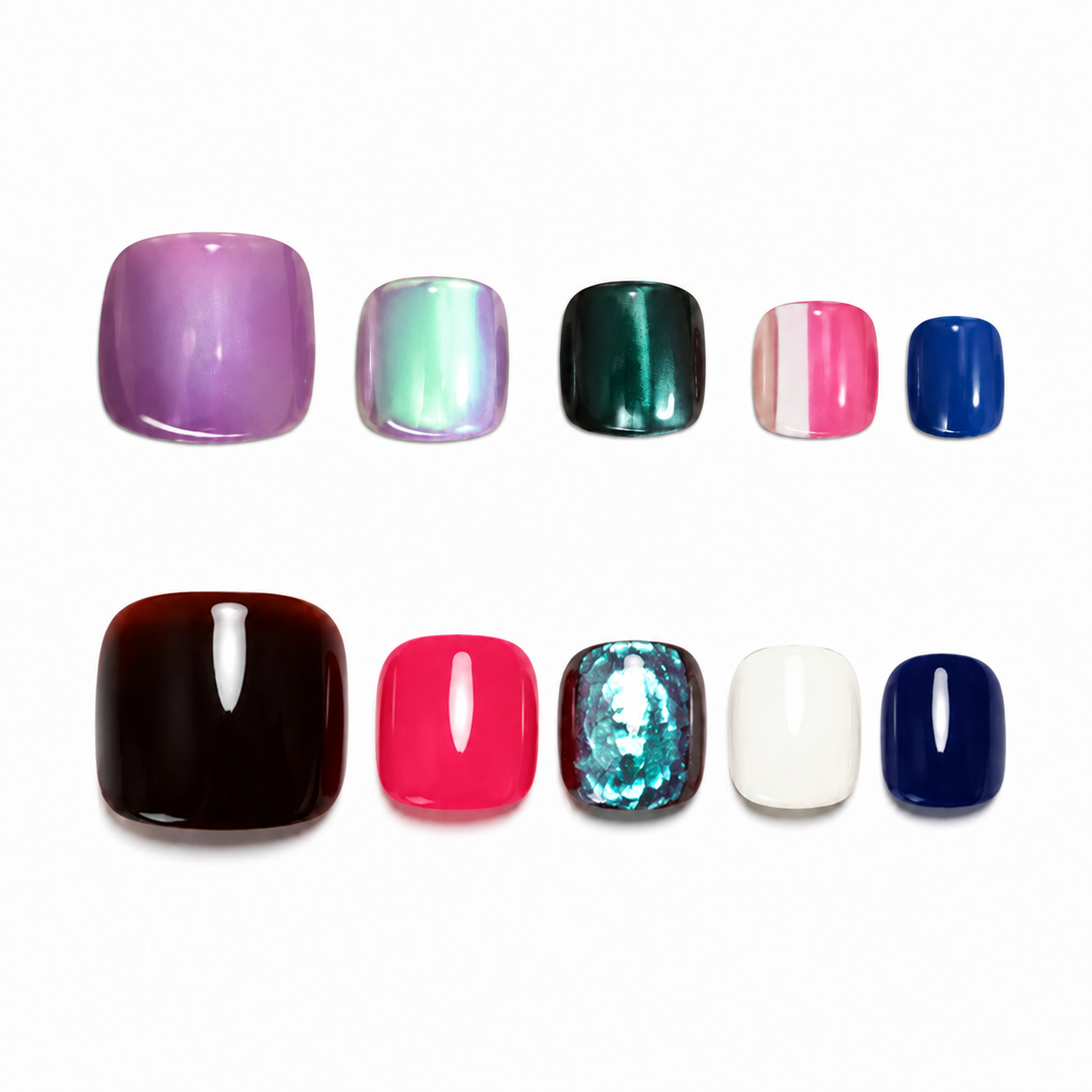 Multicolor mix and match press-on toe nails with different colors on each toe
