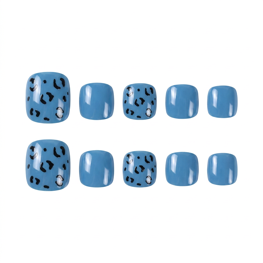 Vibrant blue press-on toe nails with black leopard print pattern and solid blue accents