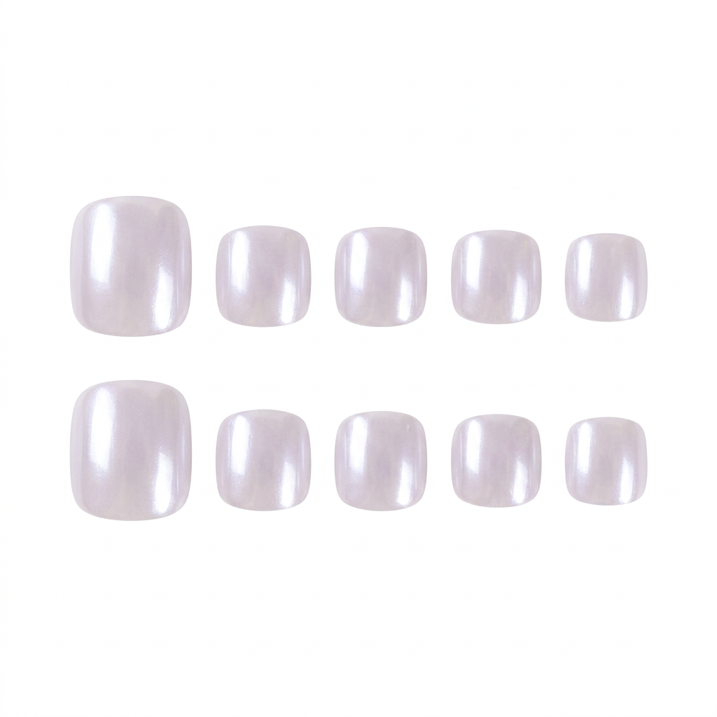 Pearlescent glazed press-on toe nails with iridescent shimmer and smooth finish